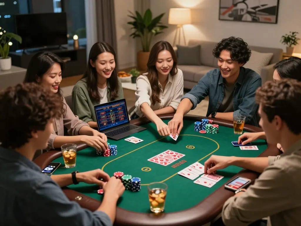 Friends enjoying poker night at home with TR88 gaming laptops and chips while celebrating wins.