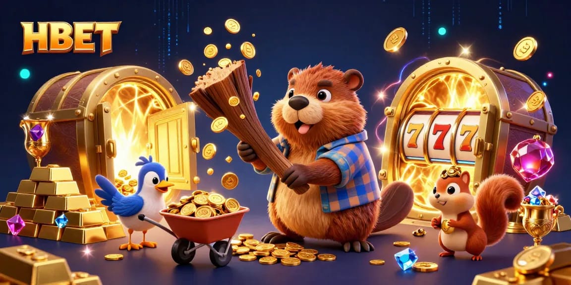 Experience the thrill of casino games with HBET's immersive 3D cartoon scene filled with gold and excitement.