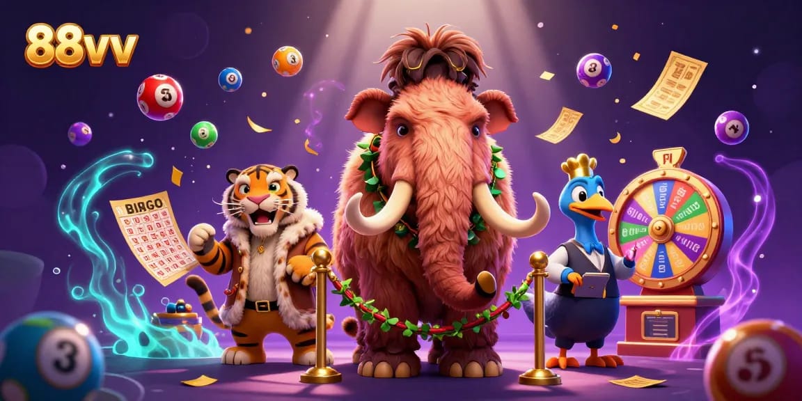 Experience the excitement of 88vv with vibrant lottery balls and dynamic casino characters in action.