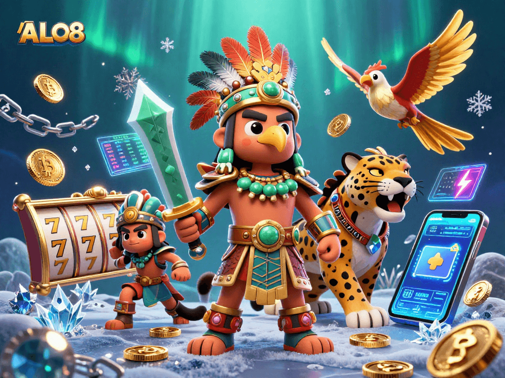 A dynamic scene featuring ALO8 branding with warriors and slot reels, showcasing vibrant online casino elements.
