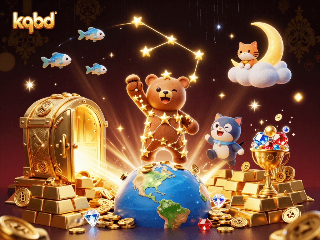 Watch the magical kqbd bear scoop up coins in the vibrant casino night!