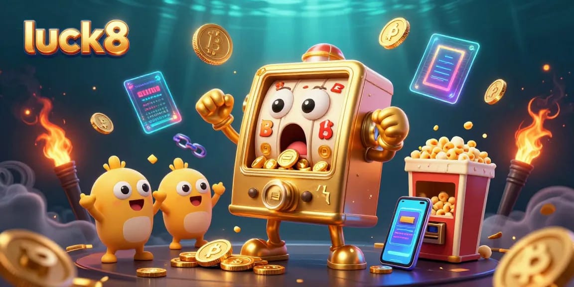 luck8 slot machine hitting jackpot with coins pouring out, surrounded by crypto elements