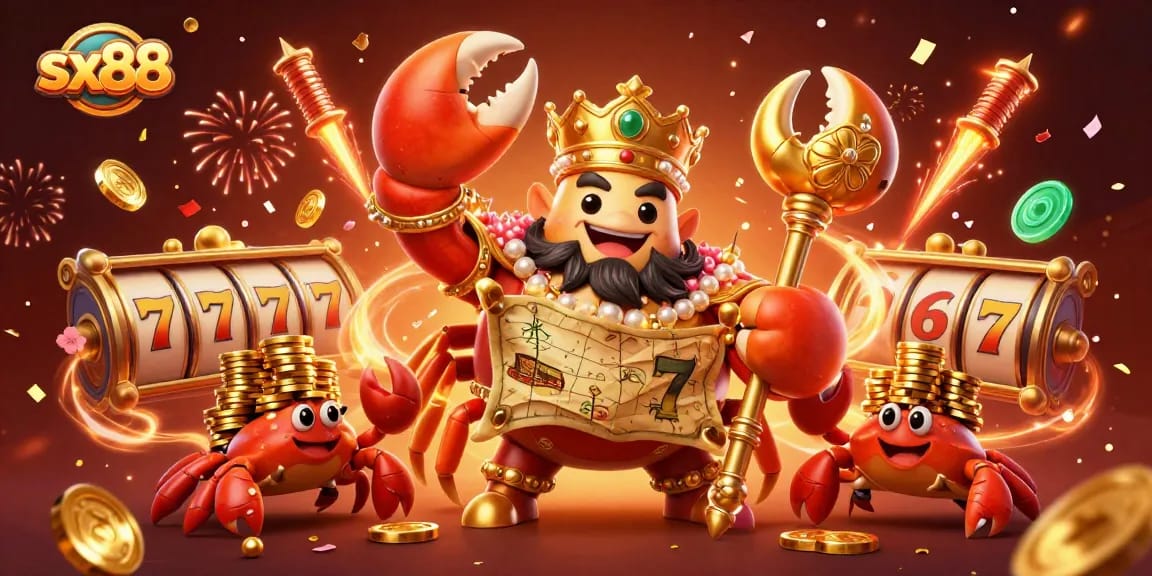 Experience the excitement of sx88 with a golden crab emperor amidst festive casino elements.