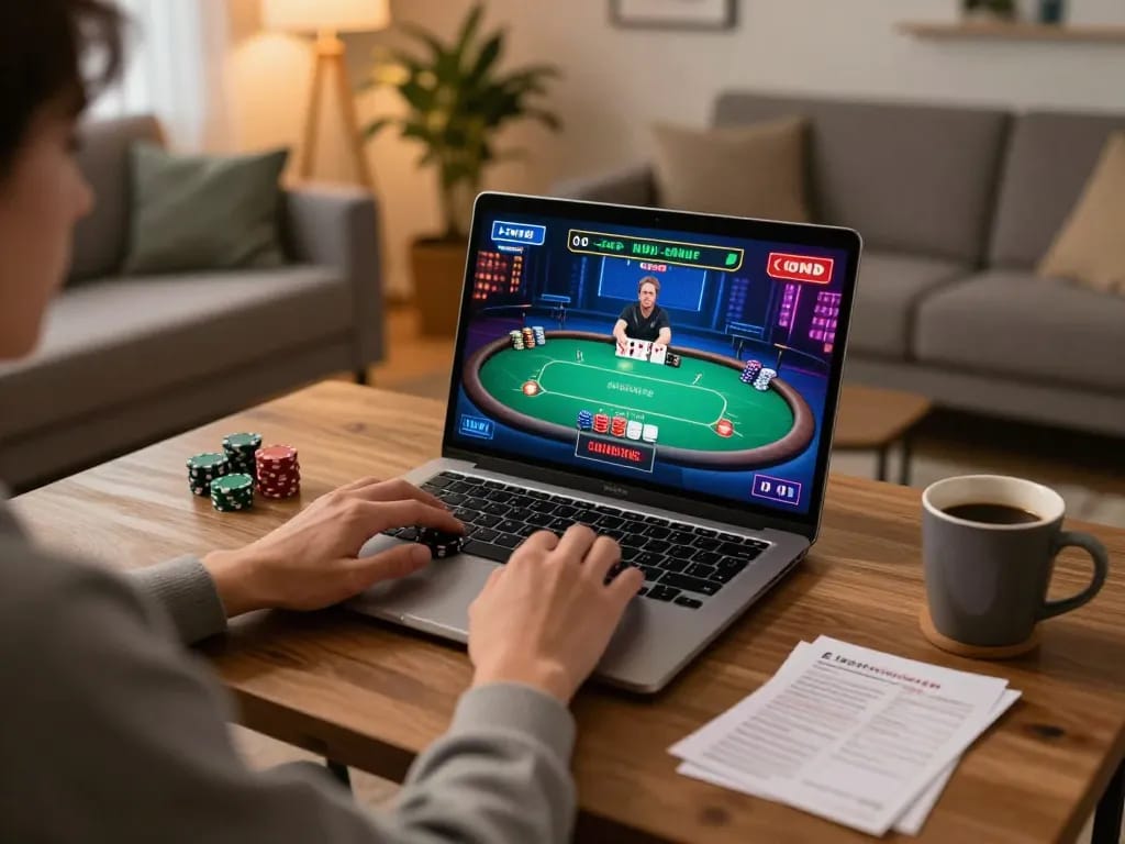 A player enjoying strategic online poker gaming at home, representing responsible gambling with 79sodoe.