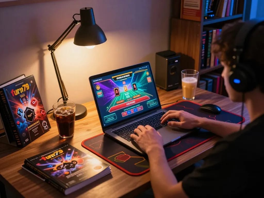 Player engaged in live casino game on fun79 platform, vibrant gaming setup with strategy notes.
