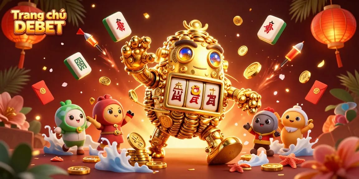 Engage with Trang chủ DEBET's dynamic gaming elements featuring an ancient golden golem and celebratory symbols.