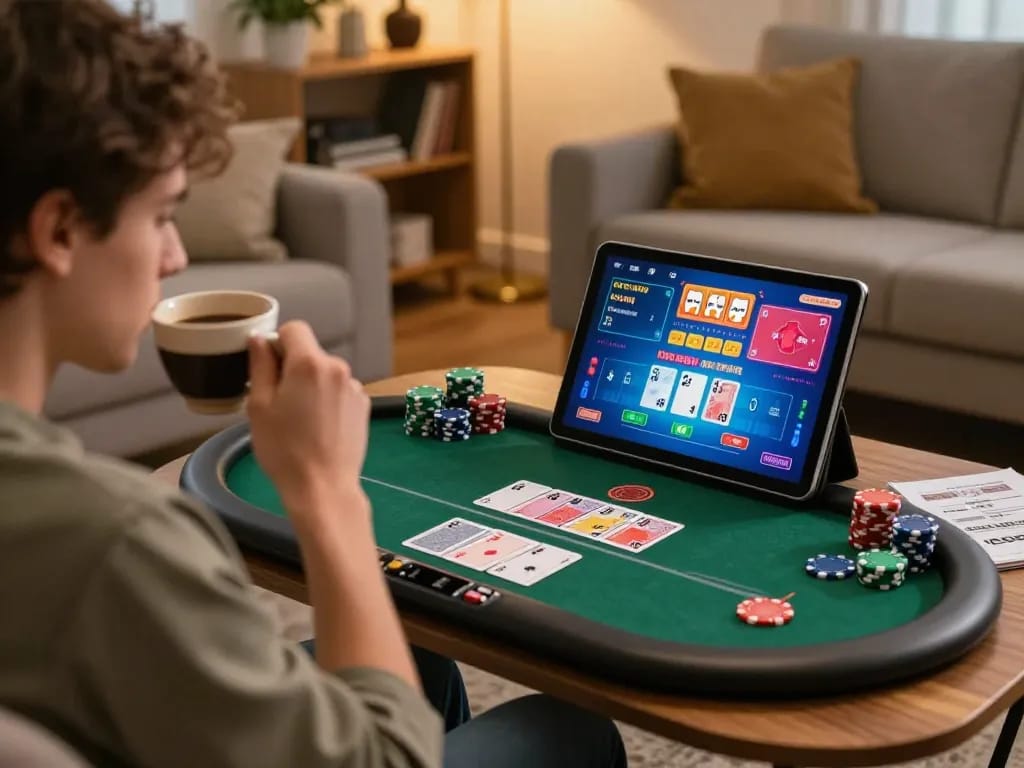 Engage in online poker at home with VU88, showcasing vibrant gameplay on a tablet.