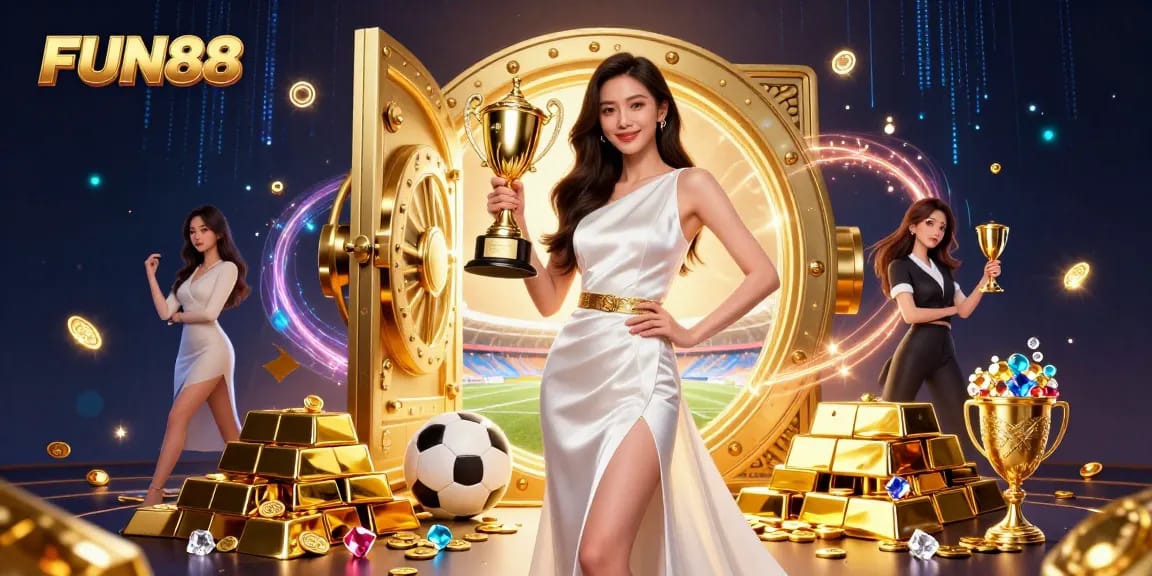 WIN at FUN88 with vibrant 3D casino illustration showing a victorious woman and sports elements.