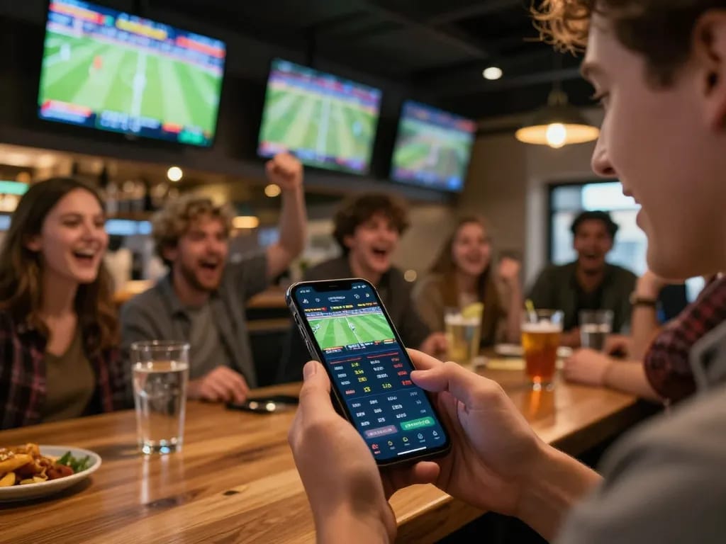 Engaging in sports betting using the app to support qq88 while enjoying a vibrant sports bar atmosphere.