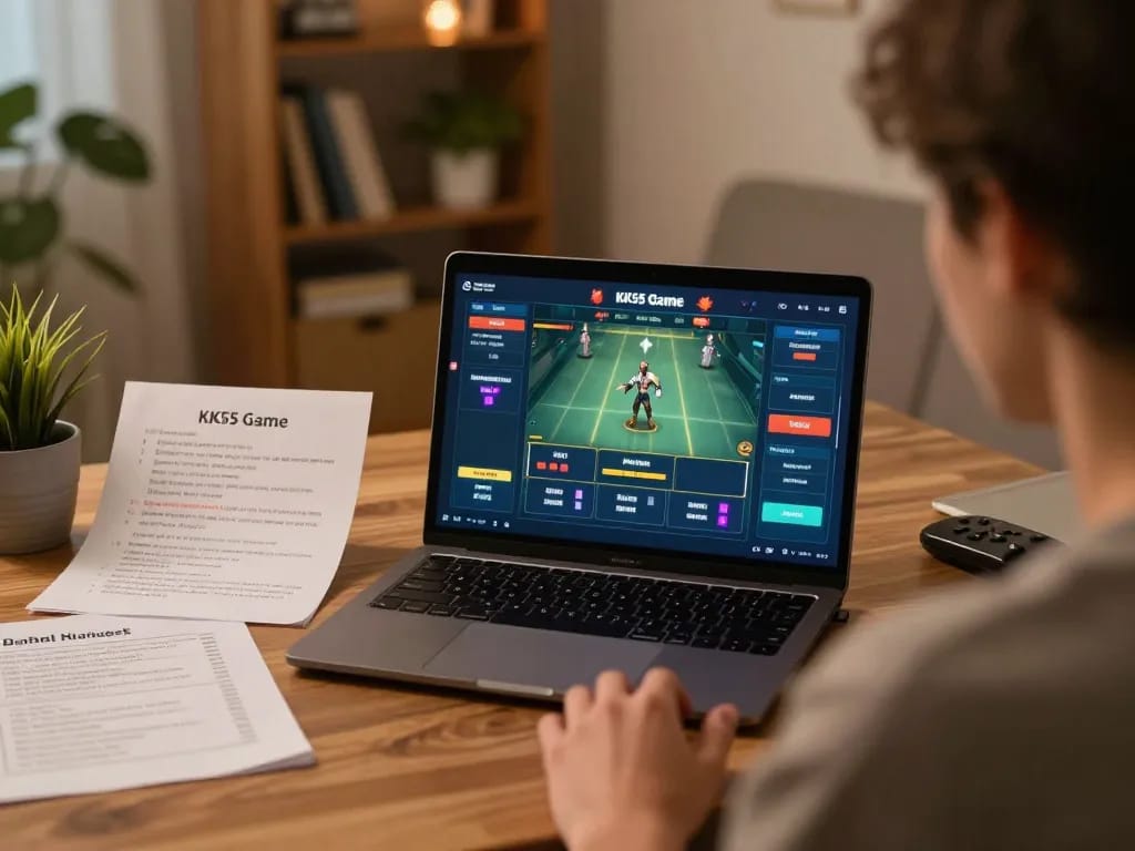 Playing the KK55 Game on a laptop with strategic notes, showcasing a relaxed home gaming setup.