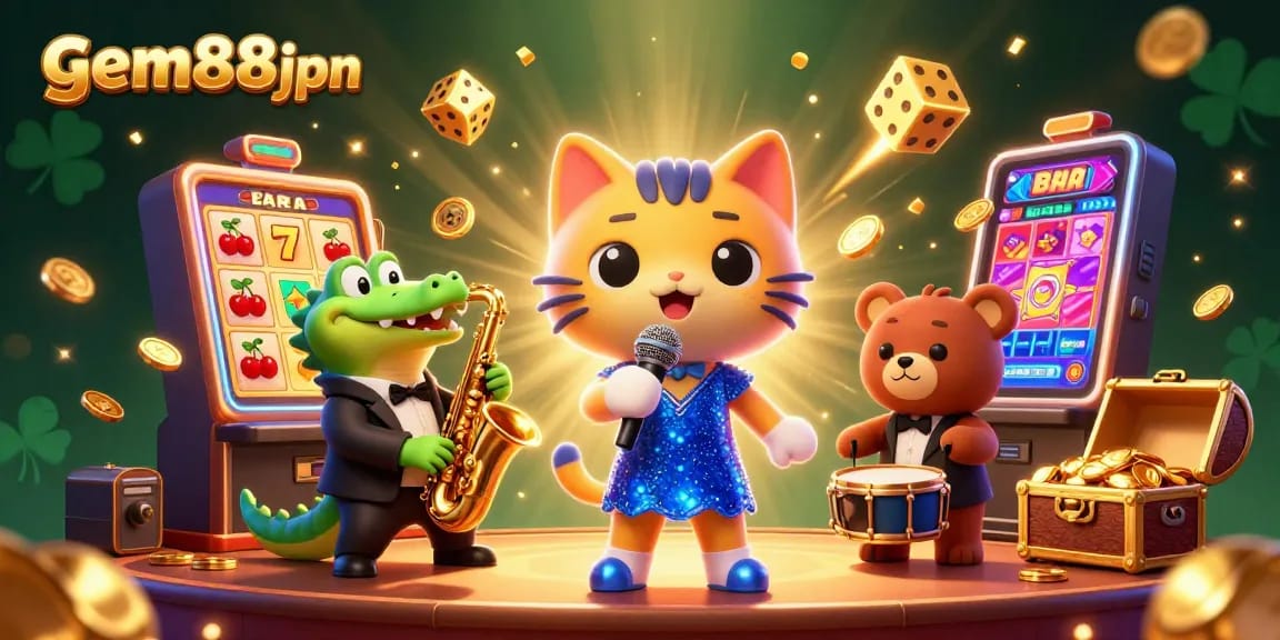 Experience the excitement at gem88jpn with this vibrant casino scene featuring a jazz-singer cat and lively game elements.