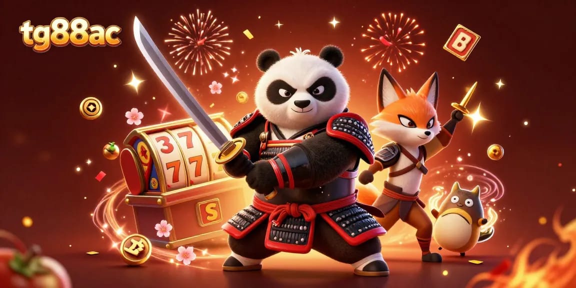 Engage with the thrilling gaming world of tg88ac featuring a dynamic scene of a samurai panda and friends with slot reels.
