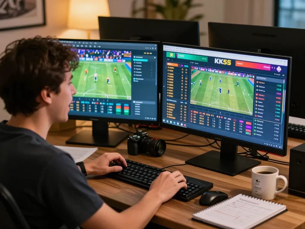 Engaging online sports betting setup showcasing KK55 on multiple screens, emphasizing strategy and excitement