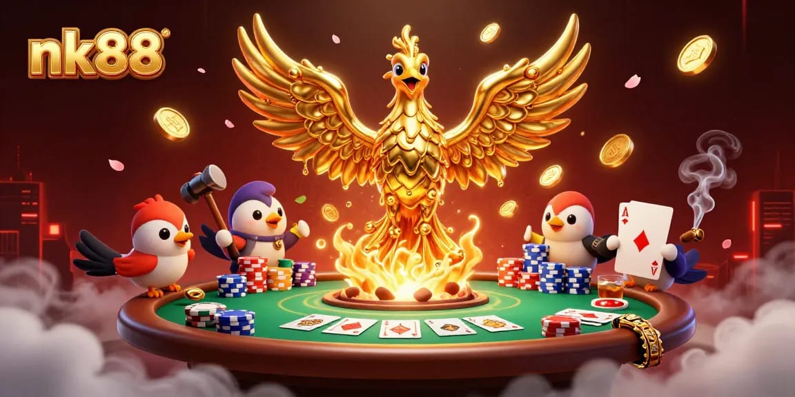 Experience winning moments at nk88 casino, featuring a molten golden phoenix and vibrant poker elements.