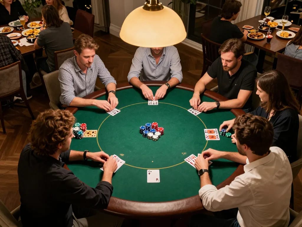 Players strategizing during a poker game at home, showcasing OnBet's engaging social gambling experience.