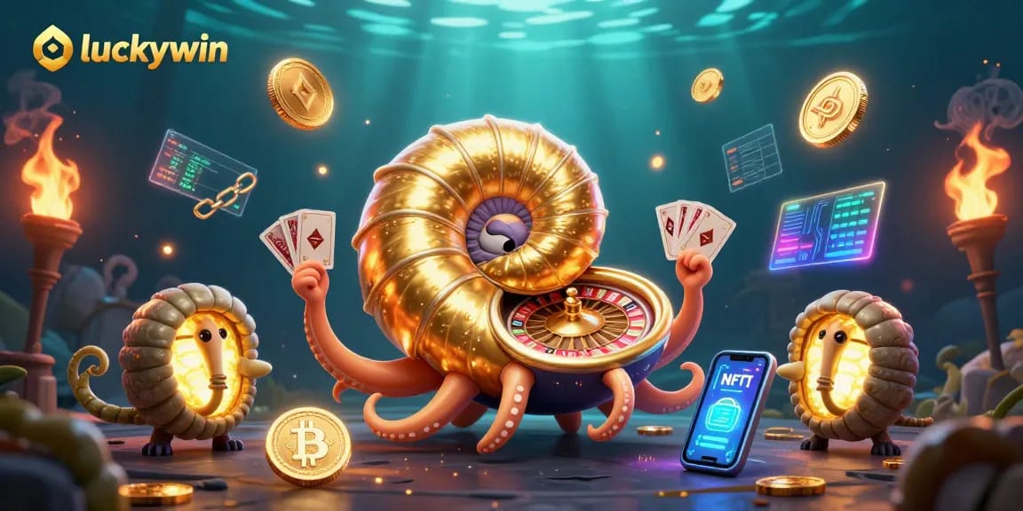 Experience luckywin with vibrant casino elements, featuring a giant nautilus and crypto coins in a dynamic scene.