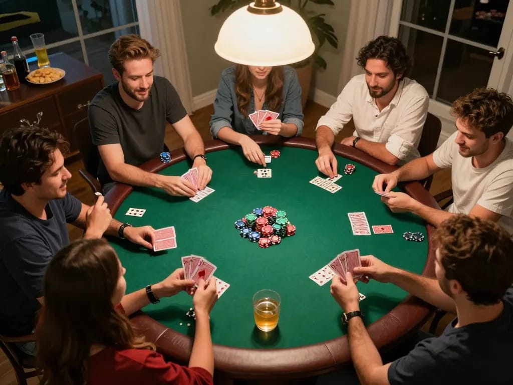 Friends enjoying a lively poker game at home, showcasing the excitement of playing rikvip.