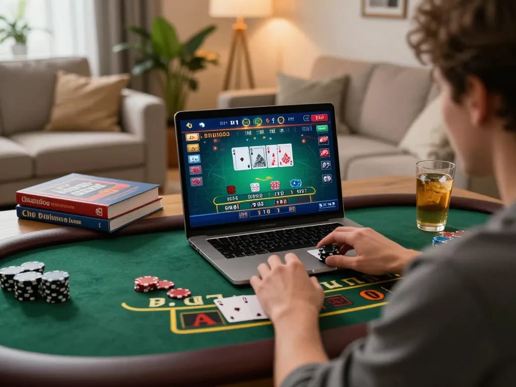 Engaged player enjoying blackjack at nhà cái lv88 in a cozy home setting with strategic notes.