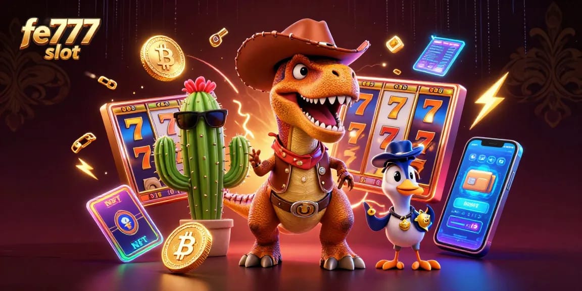 Mainkan permainan slot fe777 yang menarik dengan ilustrasi dinosaurus cowboy T-Rex 3D yang dinamis.