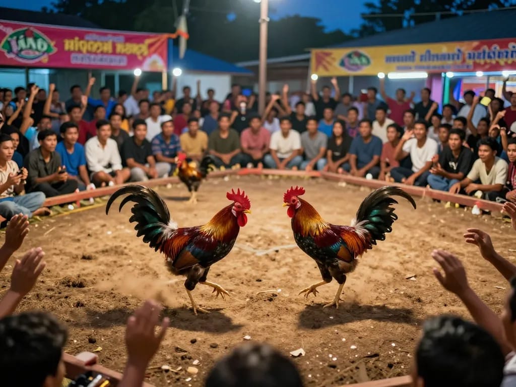 Thomo arena features intense cockfighting with lively spectators, showcasing đá gà thomo competition.