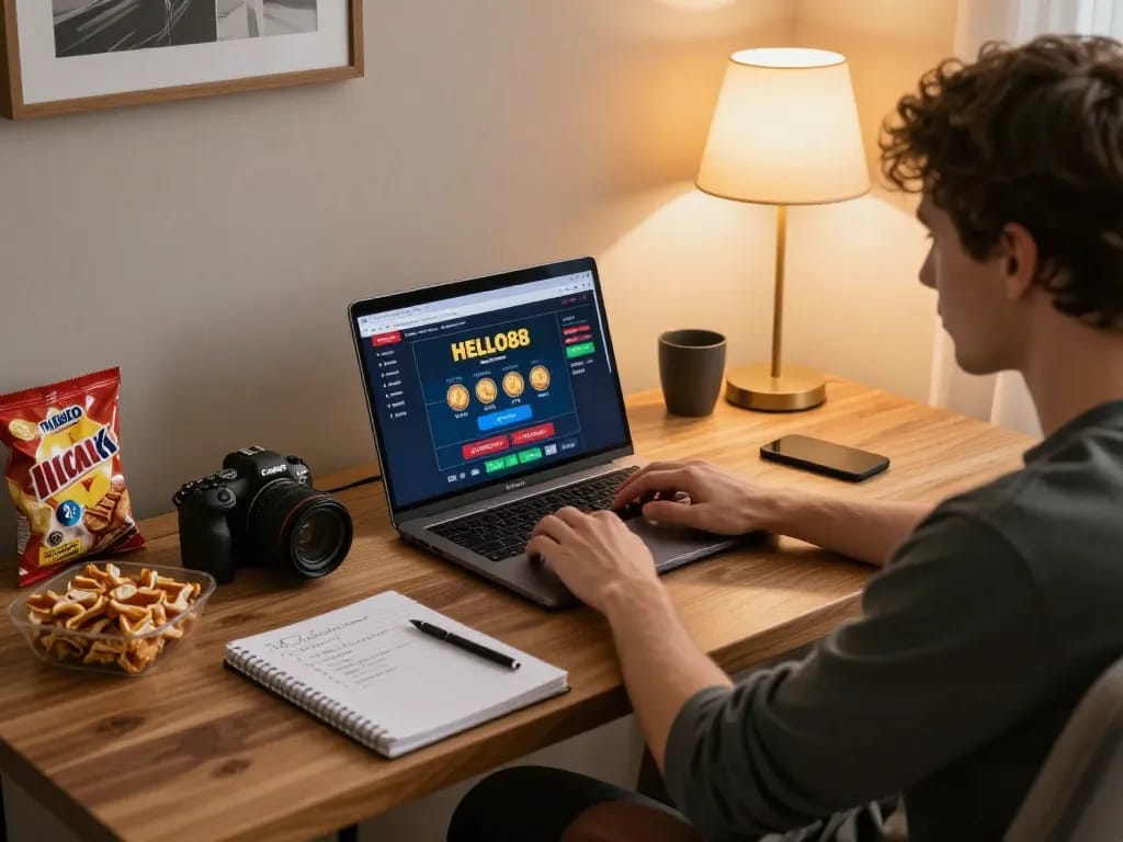 Engaging in responsible gambling with HELLO88 in a cozy home gaming setup, showcasing bets and strategies.
