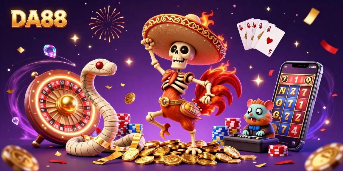 Experience the excitement of DA88 with vibrant characters and dazzling casino elements in this animated 3D scene.