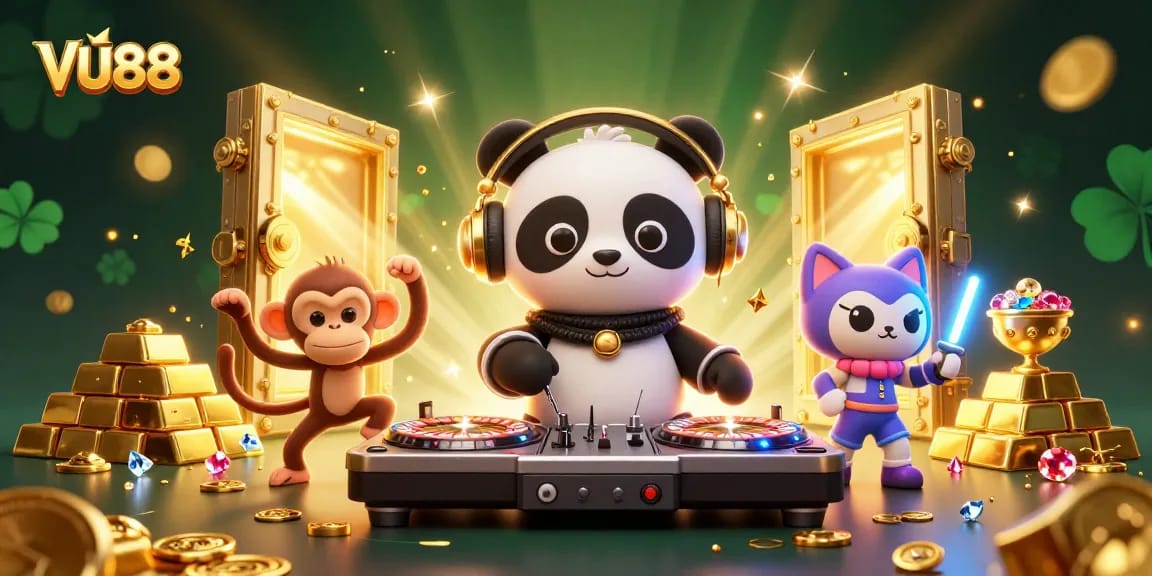 Spin the reels and uncover exciting prizes at VU88 with radiant treasures and dynamic characters.