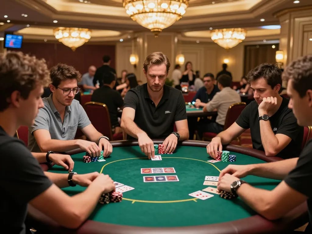 Người chơi poker LUCK8 tham gia vào trò chơi chiến lược tại một bàn casino sang trọng, ghi lại sự phấn khích và không khí cạnh tranh.