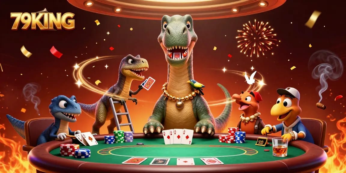 Engage in dynamic poker action with 79KING as a brontosaurus oversees a thrilling game.
