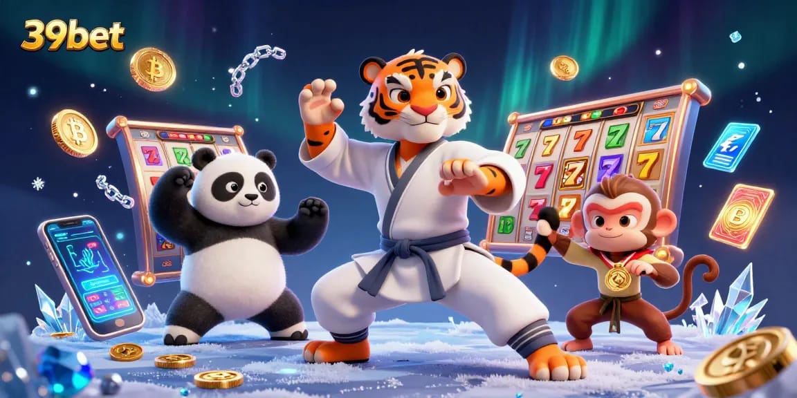 Win big with 39bet as three playful characters dominate a vibrant casino scene filled with exciting game elements.