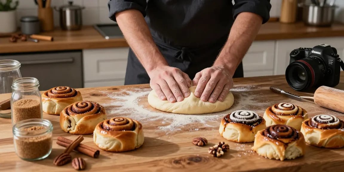Cinnamon buns Calgary being freshly baked in a cozy kitchen, showcasing a variety of flavors and warm afternoon light.