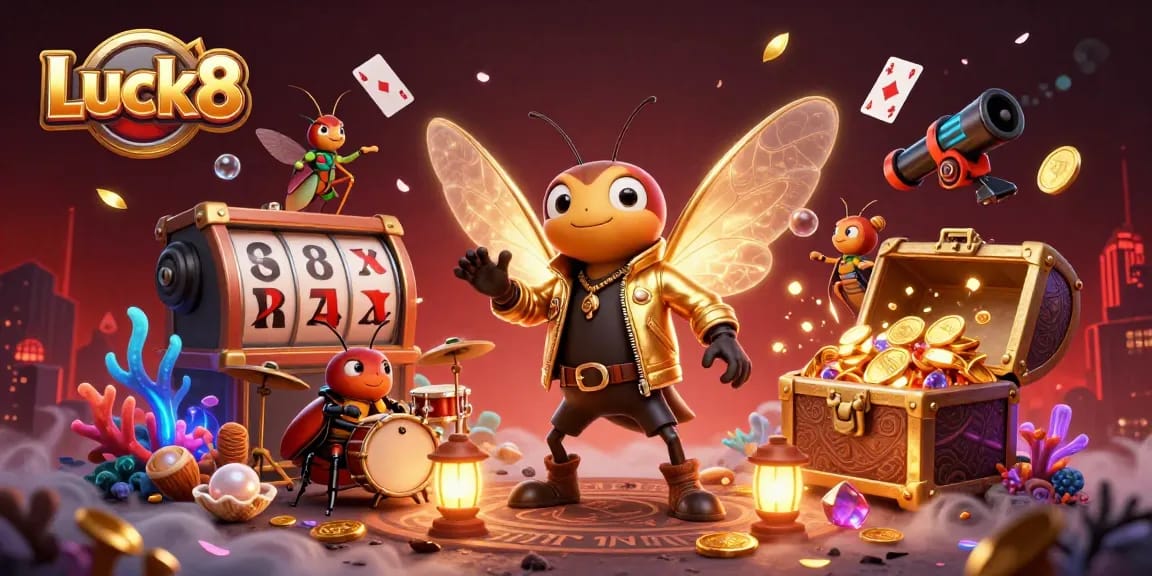 Experience the thrill of Luck8 with a vibrant casino-themed scene featuring a cicada rock star and vibrant game elements.