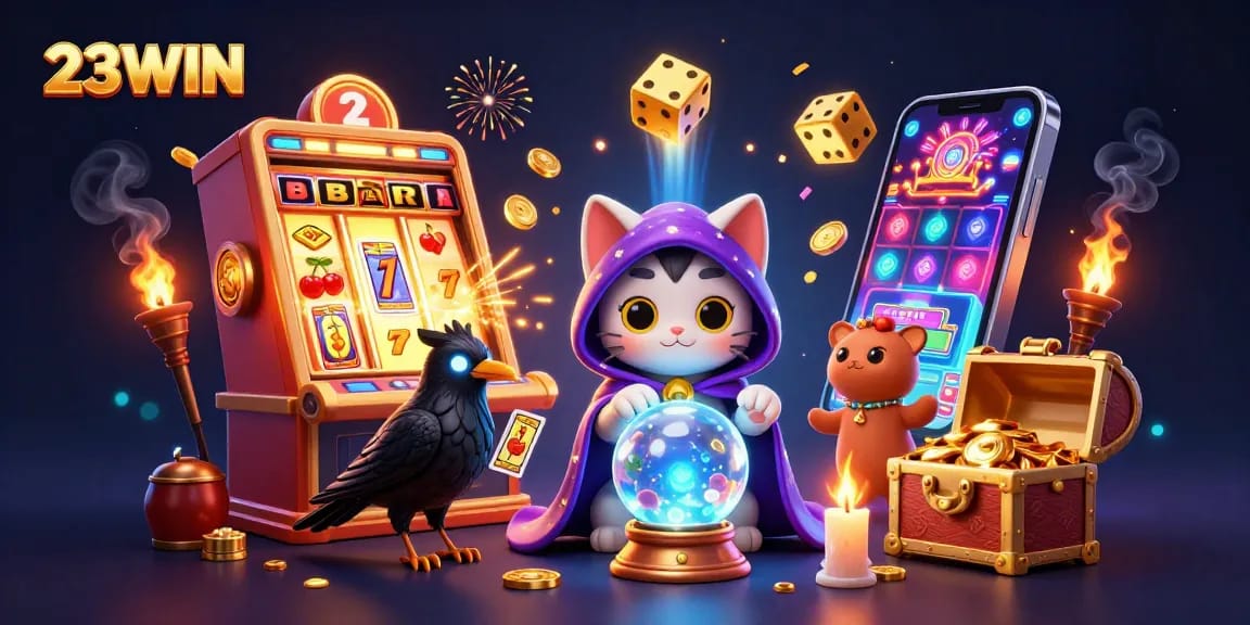 Engaging 23WIN scene showcasing a mystic cat, raven, and slot machine bursting with jackpots and bonuses.