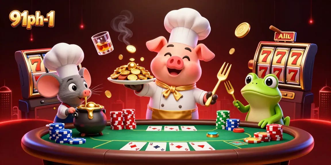 Experience thrilling gameplay at 91ph-1 with gold coins, slot reels, and poker action.