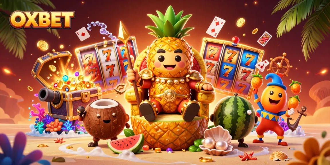 Bet on OXBET with this vibrant 3D illustration featuring a pineapple king and dynamic casino elements.