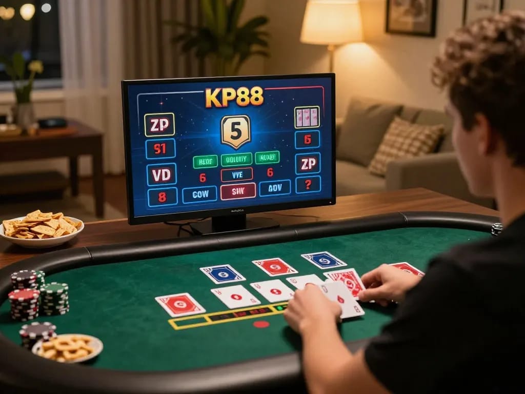 Player engaging with live dealer game on KP88 online casino, showcasing strategic betting from home