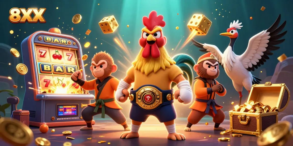 Experience winning at 8XX through an exciting casino scene with vibrant characters and games.