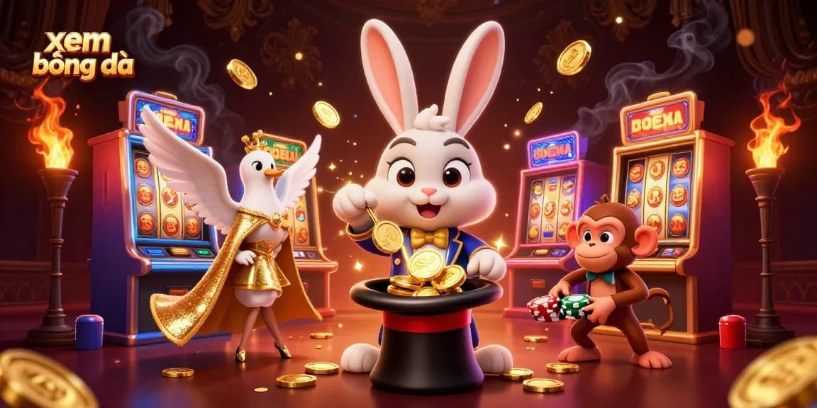 Xem bóng đá with 3D characters performing exciting magic tricks surrounded by colorful slot games, creating a vibrant casino atmosphere.