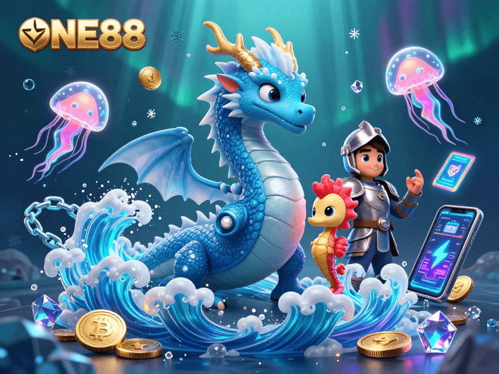 Engage with ONE88 as the azure dragon guards a vibrant underwater casino realm filled with crypto treasures.