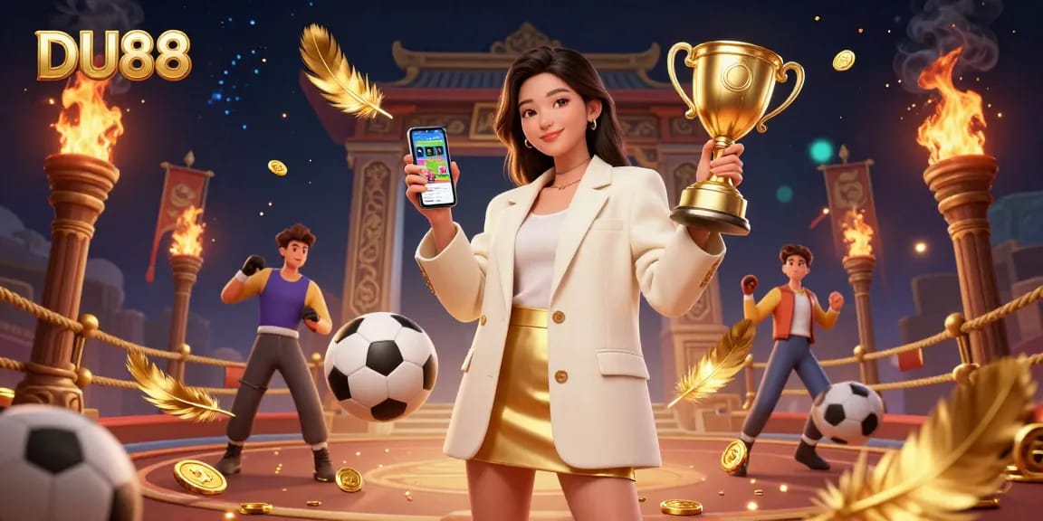 Engage with DU88's thrilling sports betting scene showcasing an Asian woman with a smartphone app.