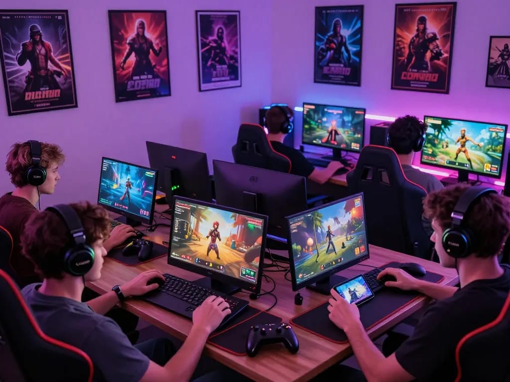 Engaged players enjoying online porn games on multiple devices in a vibrant gaming environment.