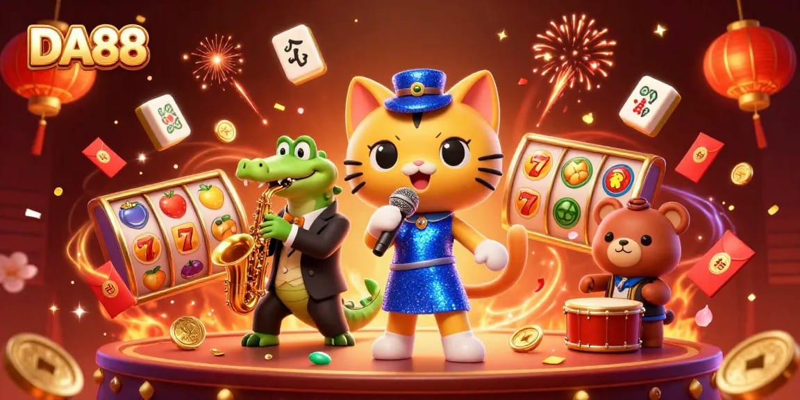 DA88 casino scene with a cat singer, crocodile musician, and bear drummer surrounded by slot reels.