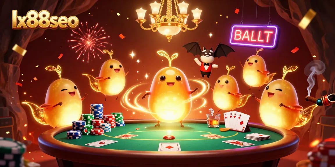 Experience the thrilling ambiance of lx88seo's casino scene with glowworms and a bat dealer.