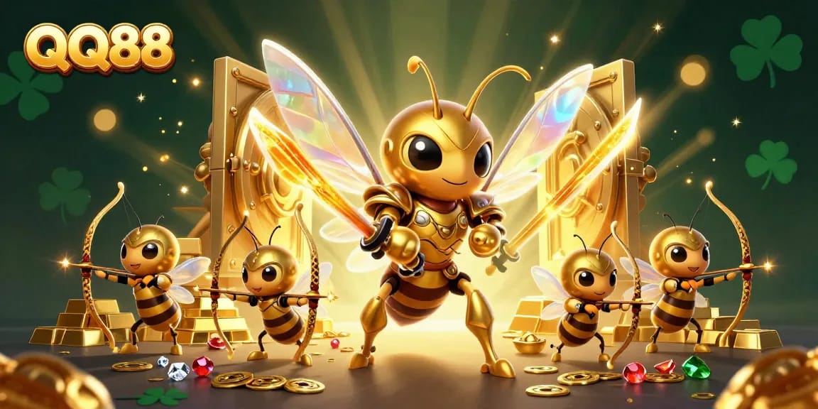 Experience the excitement of QQ88 as the golden hornet warrior leads a treasure-filled casino adventure.