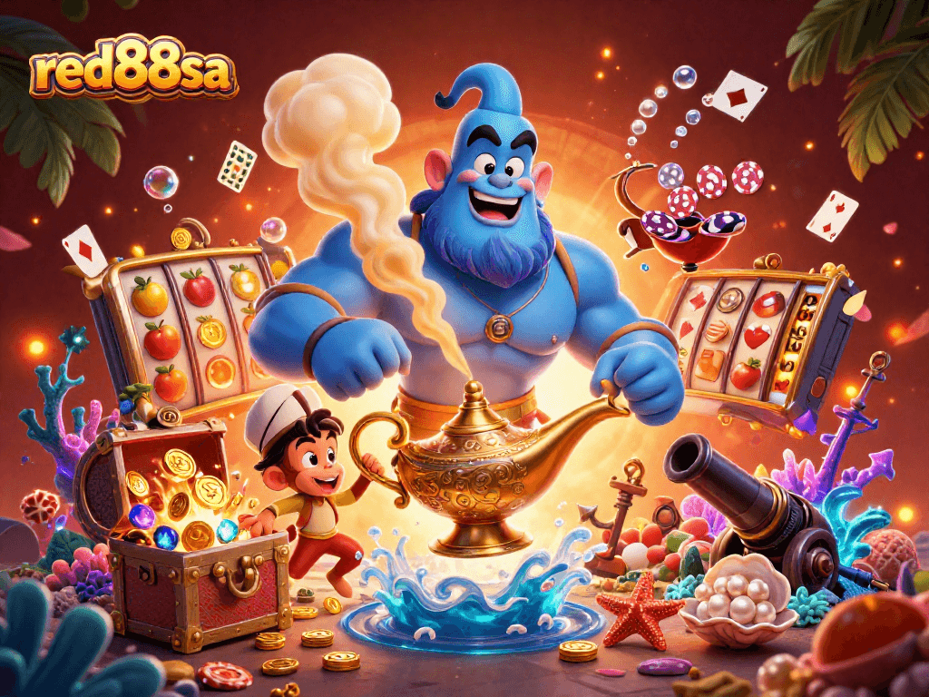 Experience winning adventures with red88sa, featuring a genie, poker chips, and slot reels.