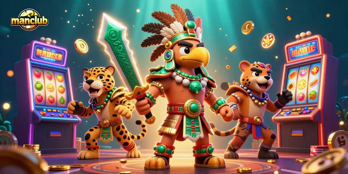 Engage with manclub's vibrant casino scene featuring an Aztec warrior and slot machines.