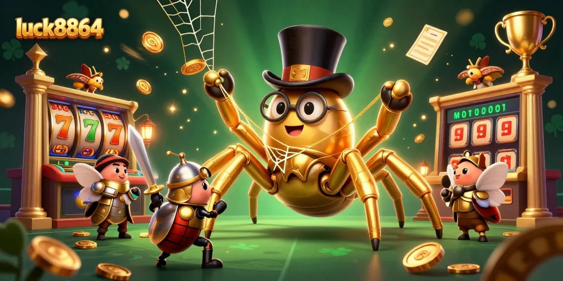 Experience the excitement of luck8864 with a giant golden tarantula weaving golden webs in a vibrant casino scene.