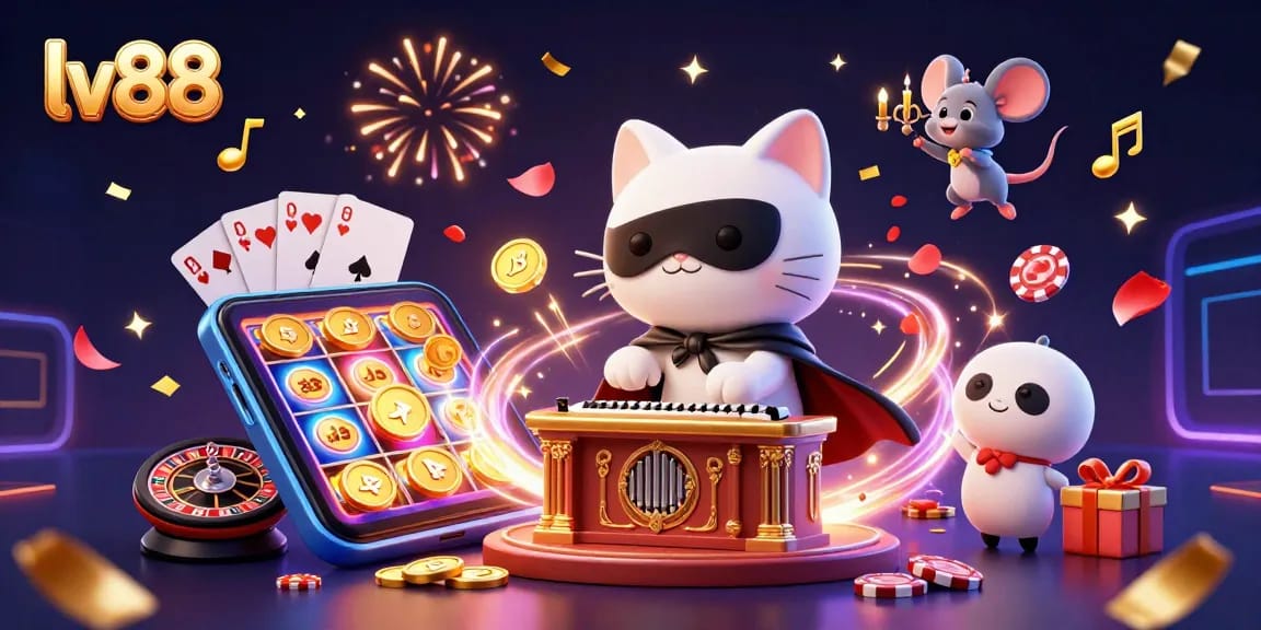 Spin and win with exciting gaming action at lv88, illustrated with lively characters and casino elements.