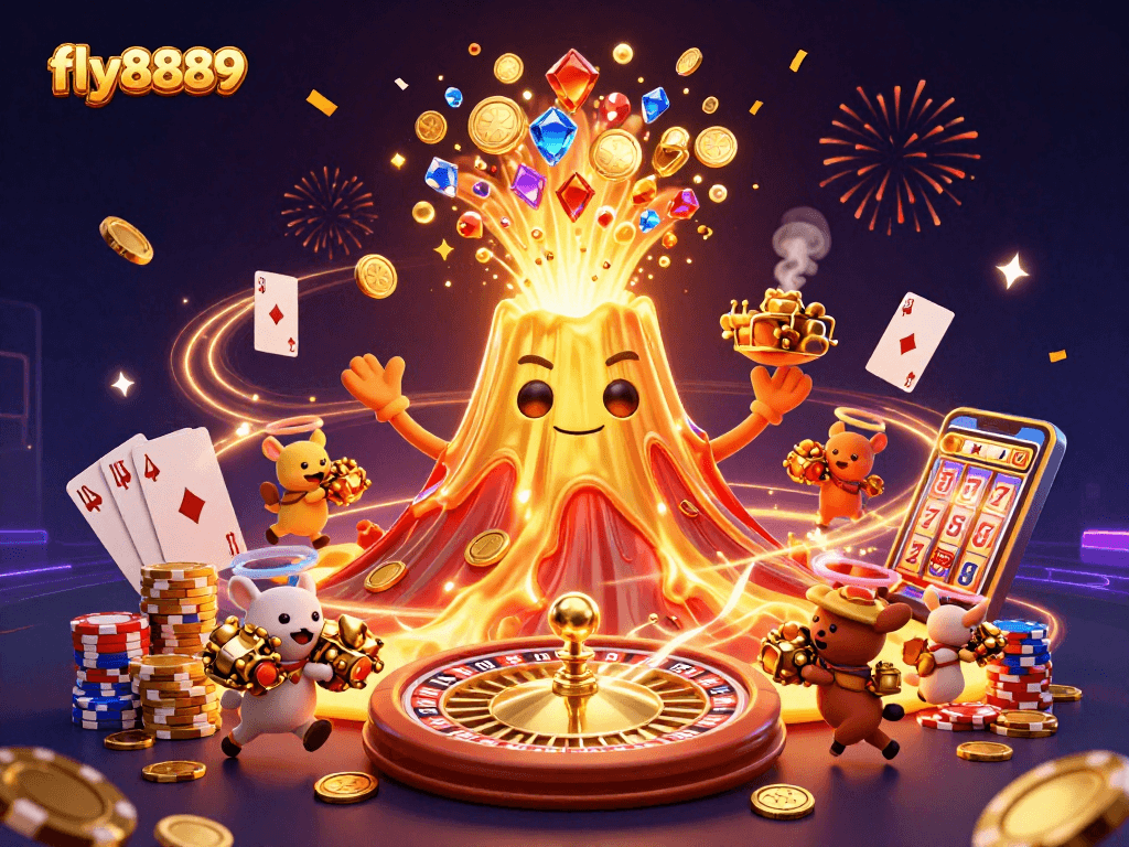 Fly8889 energizes the gaming experience with spectacular coins and dynamic elements in an exciting casino scene.