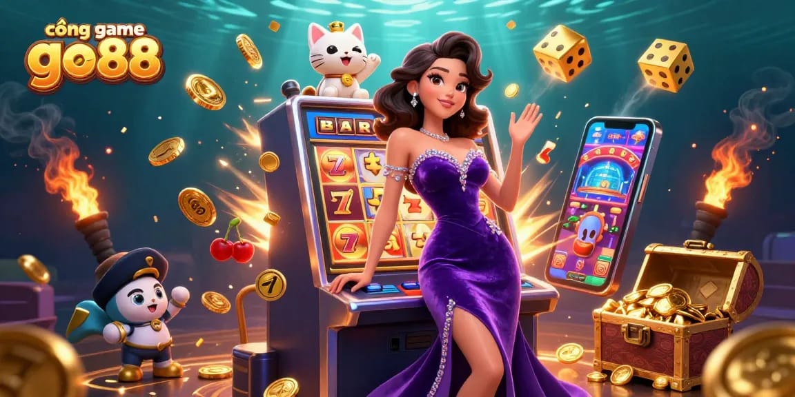 Catching big prizes at cổng game go88 with a glamorous player, jackpot slot machine, and lucky fortune cat.
